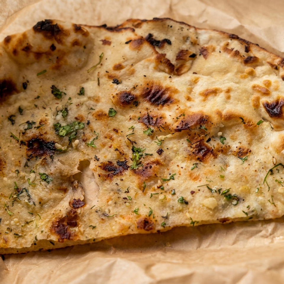 Grilled naan flatbread topped with herbs and charred spots, served on parchment paper.