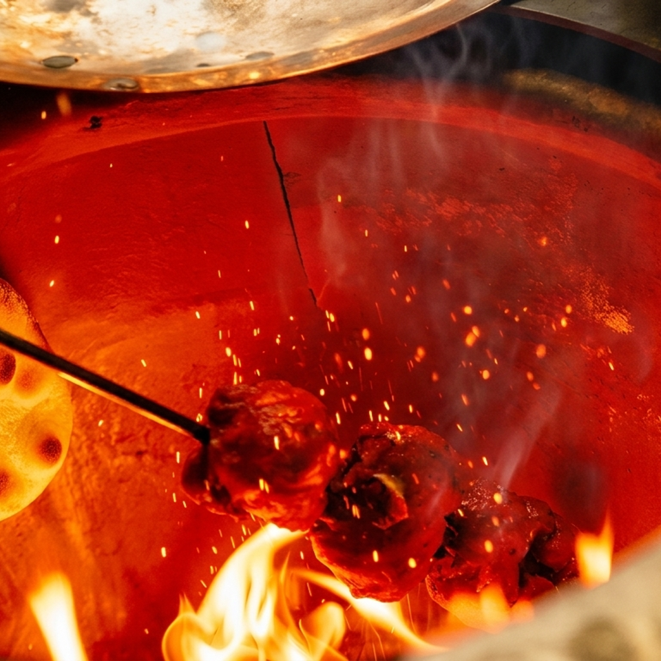 Skewered kebabs and flatbread cook inside a glowing tandoor oven, surrounded by flames, sparks, and rising steam.