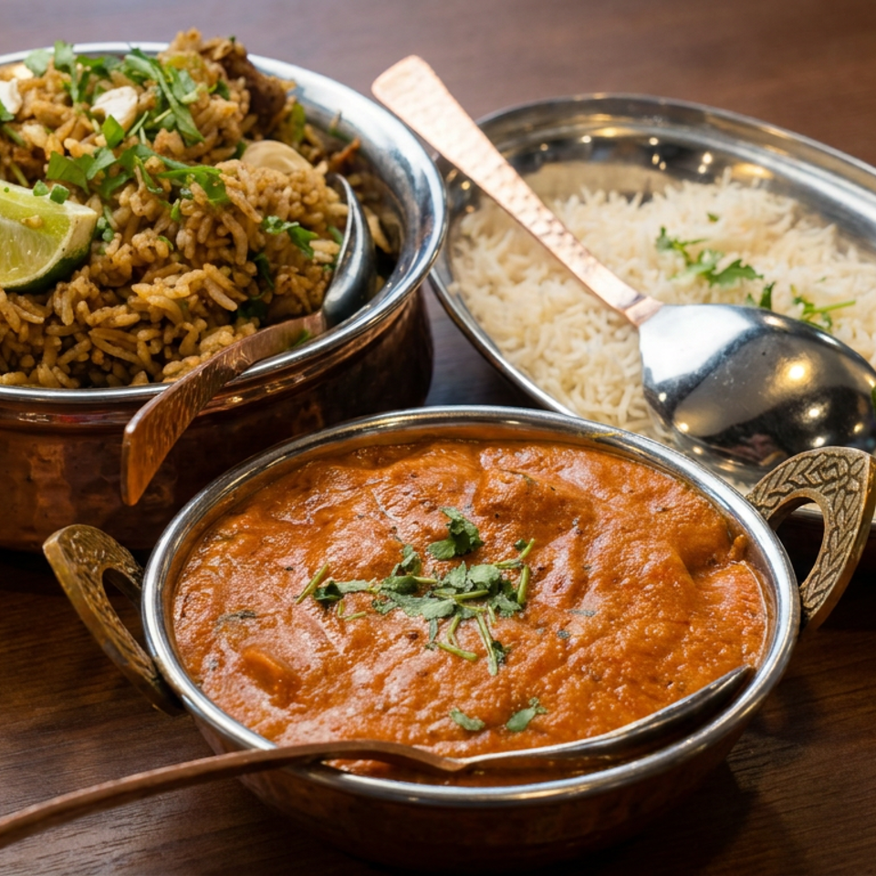 Indian meal featuring spiced rice with lime, basmati rice, and creamy tomato curry garnished with cilantro on a wooden table.