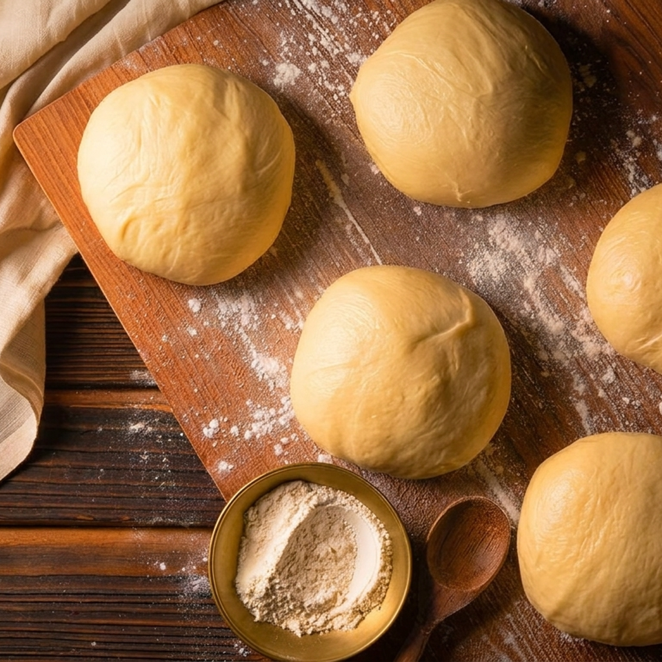 Five balls of dough rest on a flour-dusted wooden board beside a bowl of flour and linen cloth.