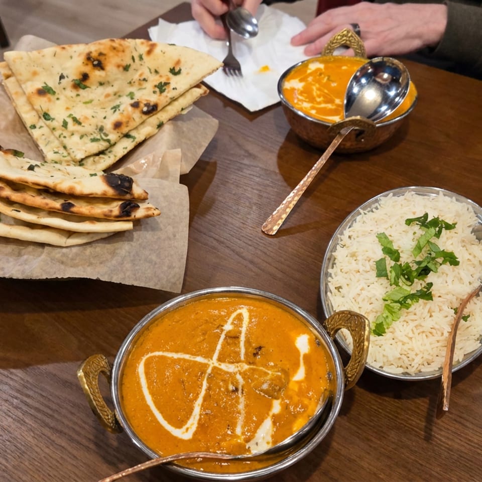 Indian meal featuring naan breads, creamy curry, basmati rice garnished with cilantro, water glasses, and diners at a wooden table.