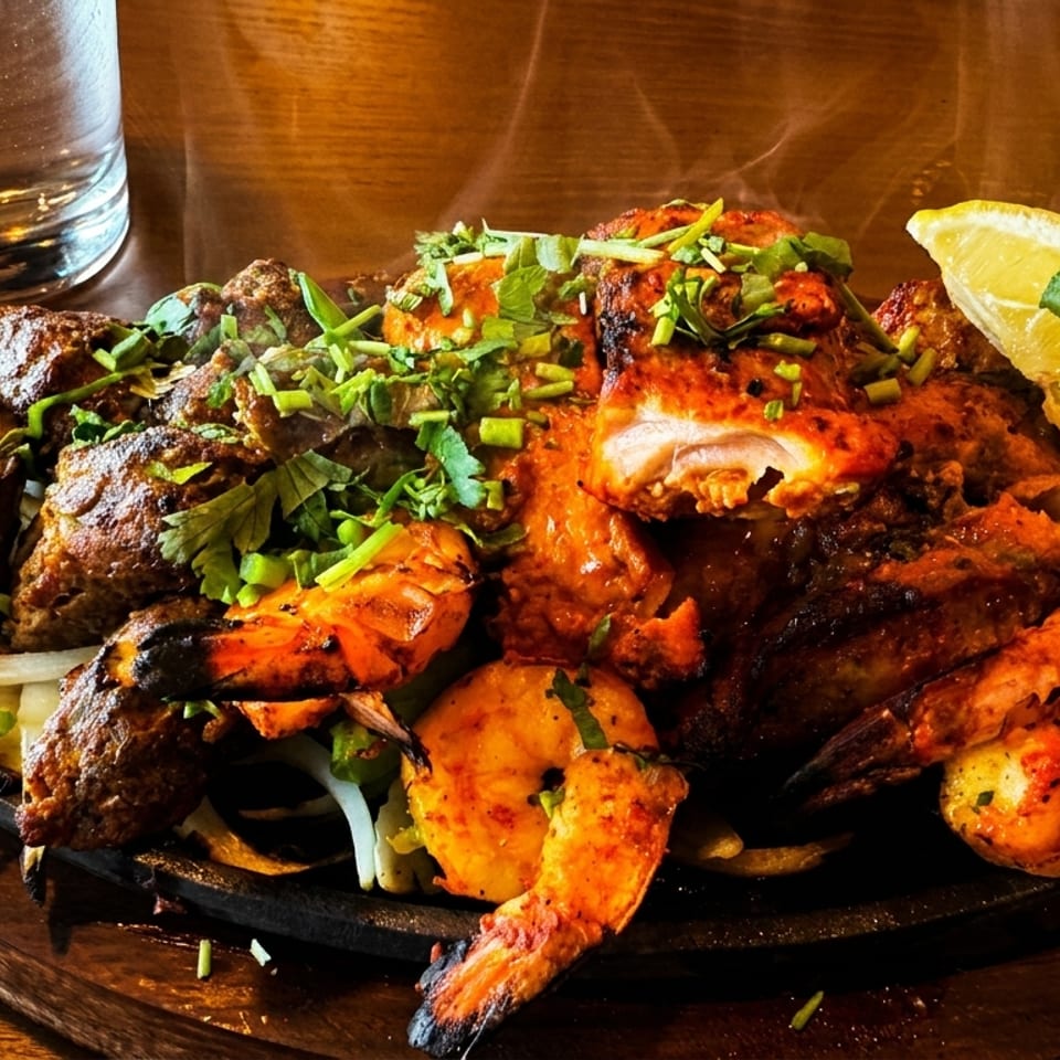 Sizzling platter of grilled kebabs, chicken, shrimp, and vegetables garnished with herbs and lemon on a wooden table.