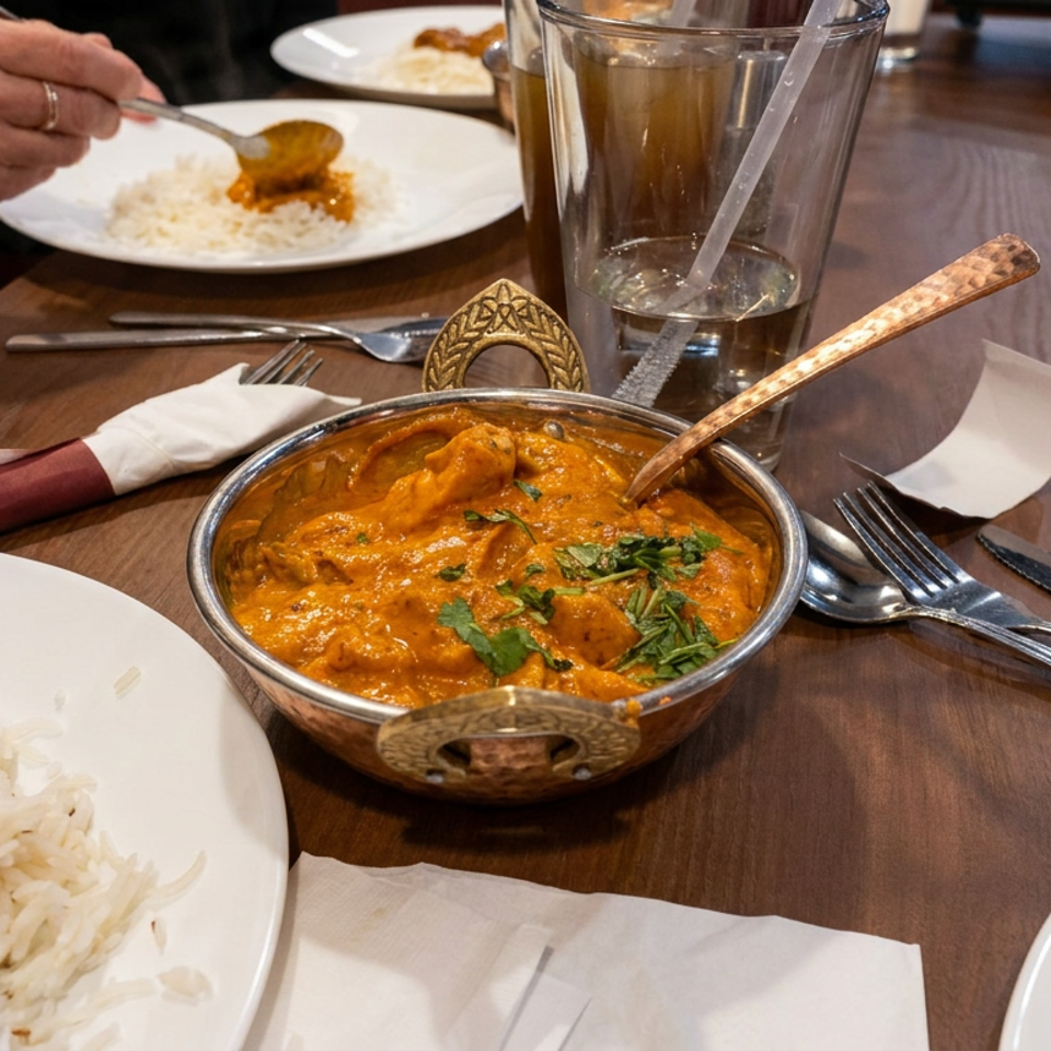 Creamy orange curry garnished with herbs sits in a metal serving bowl alongside plates of basmati rice and tableware.