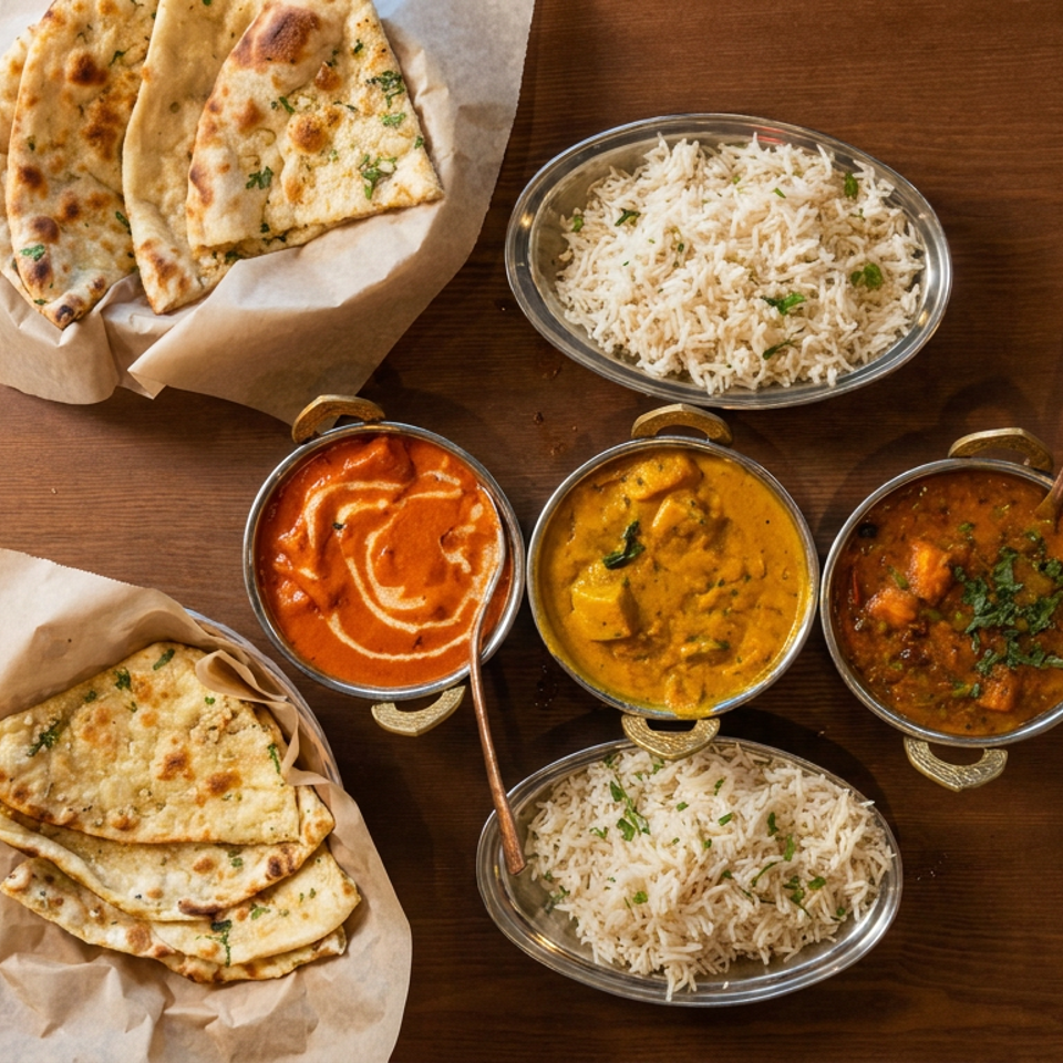 Overhead view of Indian meal with naan, basmati rice, and three richly spiced curries on a wooden dining table.