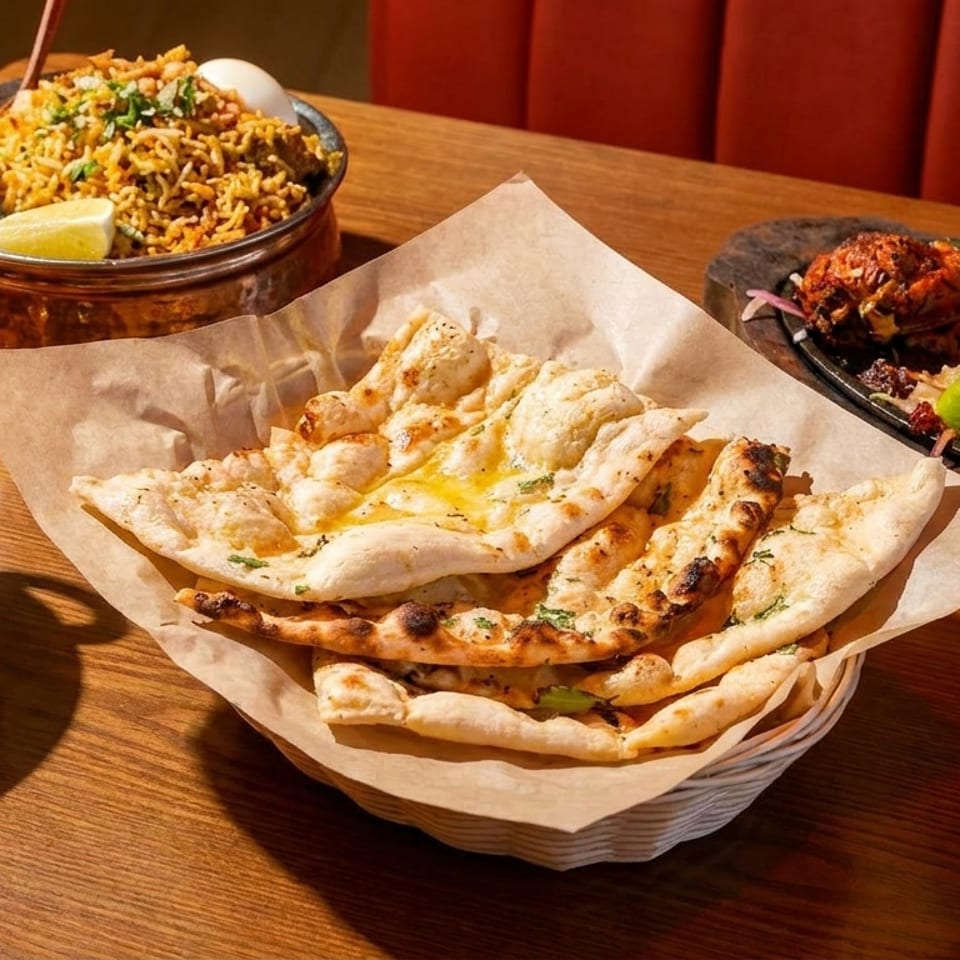 Indian restaurant spread with naan, biryani, curry, grilled chicken, vegetables, chutney, and dipping sauce on a wooden table.